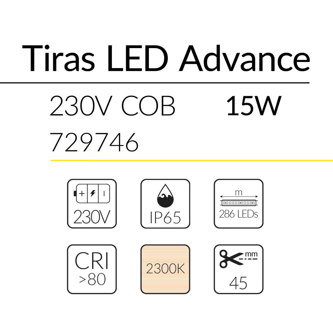2.2 TIRA LED ADVANCE COB 230V 15W 2300K IP65 BLUELed 729746 efecto hover Solmad