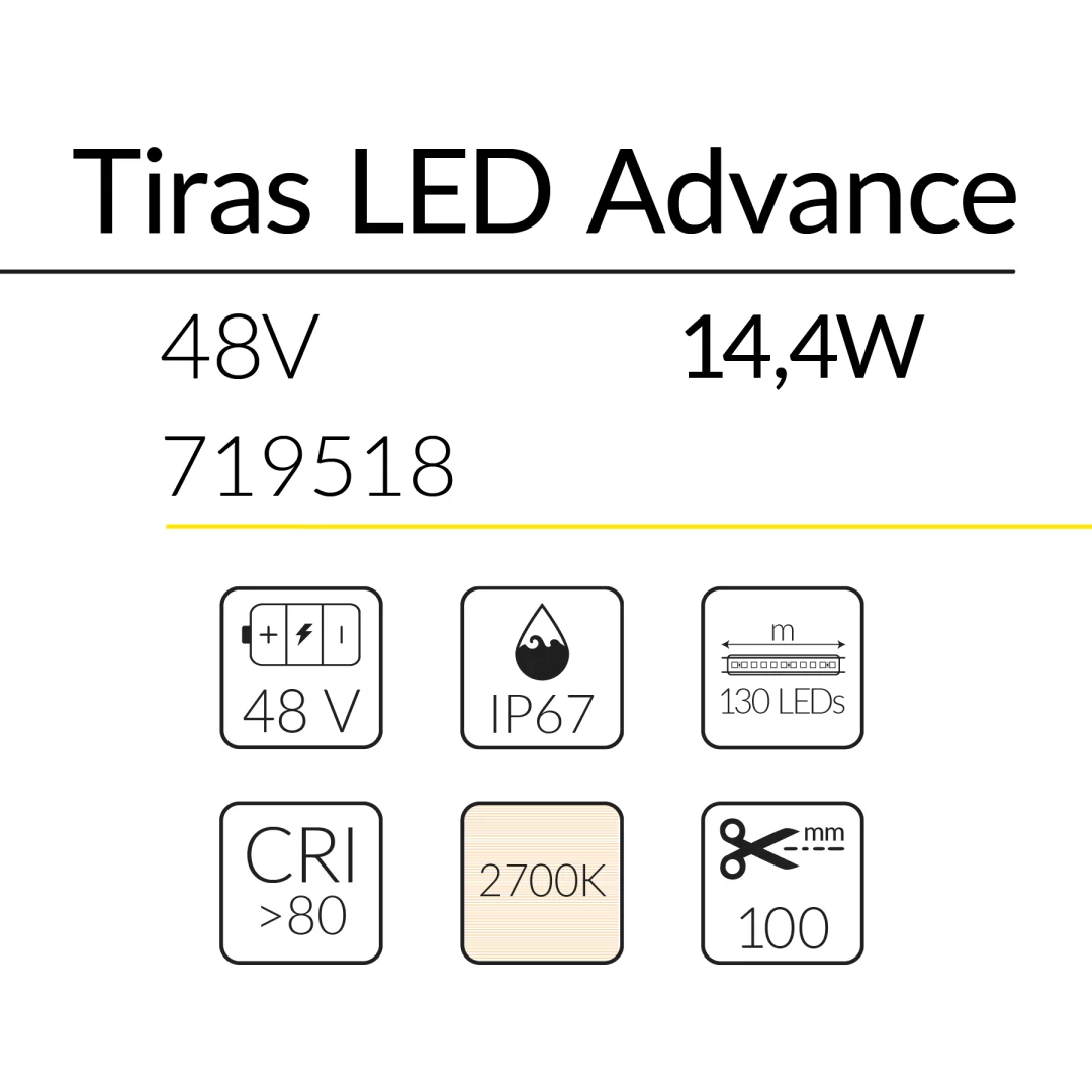 4.2 TIRA LED ADVANCE 48V 14,4W 2700K IP67 BLUELed 719518 efecto hover 1 Solmad