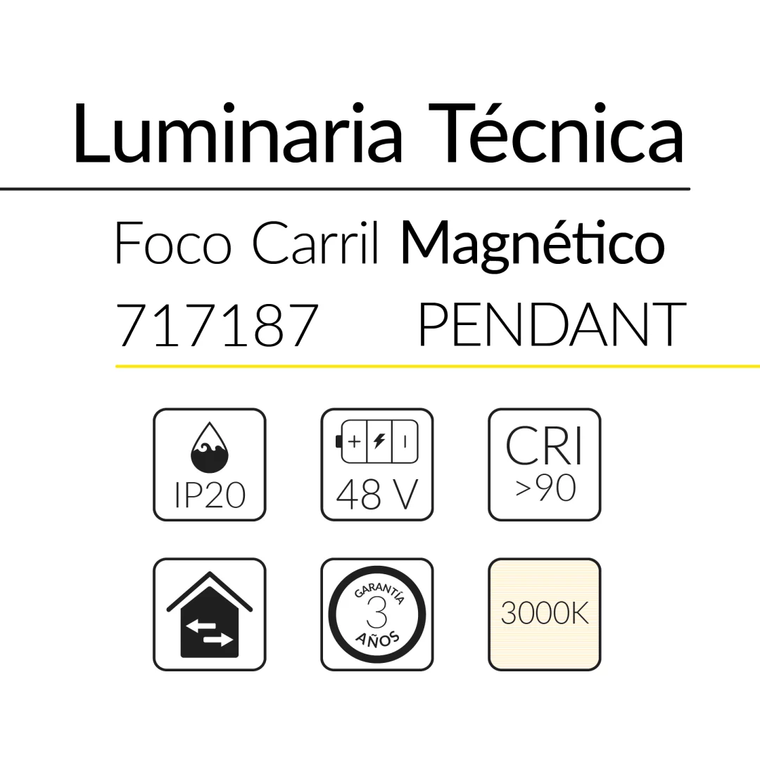 1.2 FOCO CARRIL MAGN&Eacute;TICO 48V PENDANT 6W 3000K NEGRO BLUELed 717187 efecto hover Solmad